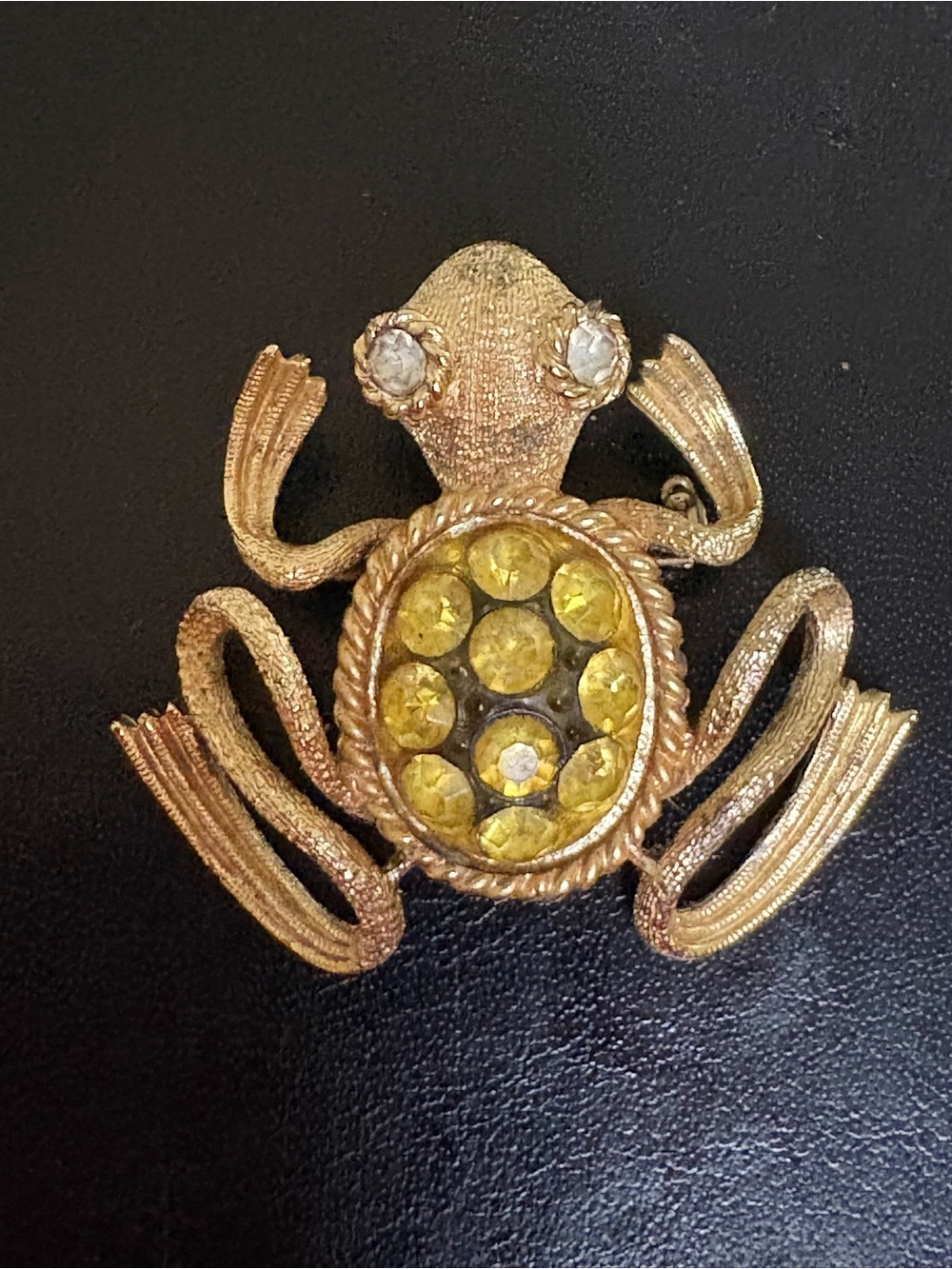 Vintage Frog Brooch Gold Tone Yellow White Rhinestone Statement Lapel Pin